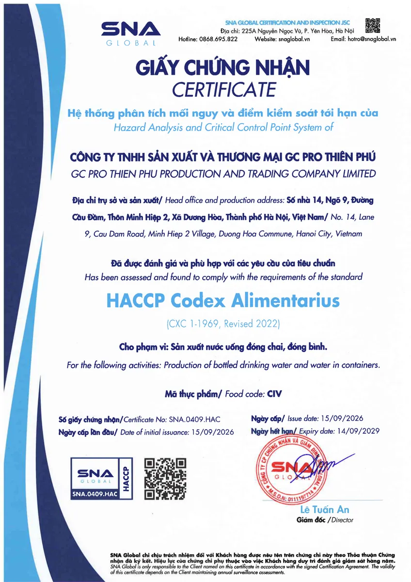 Chứng nhận HACCP Codex Alimentarius – SNA Global cấp cho GC Pro Thiên Phú (2026–2029)