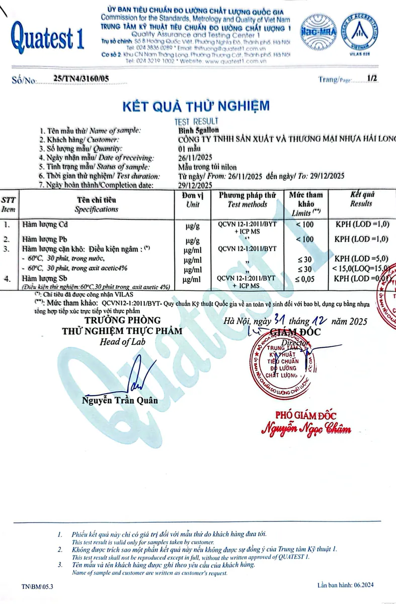 Kết quả thử nghiệm bình 5 gallon – Quatest 1 (đạt QCVN 12-1:2011/BYT)